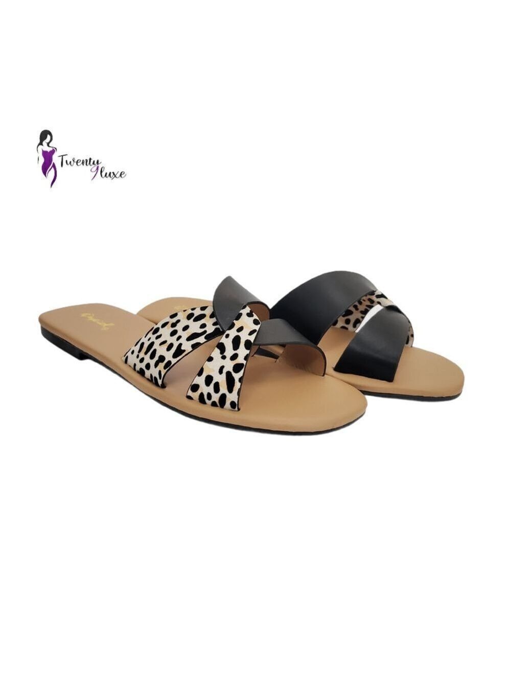 Qupid Womens Black Animal Print Two-Tone Slip On Flat Sandals